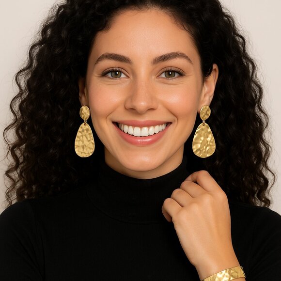 🆕Boho Chic Statement Hammered Earrings 18K Gold Plated Stainless Steel - Picture 1 of 13